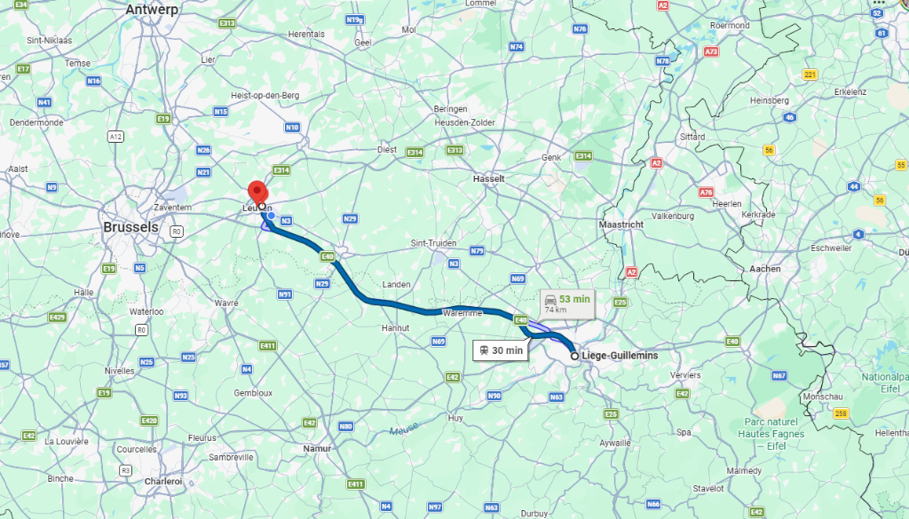 Map showing travel times to Leuven from Liège-Guillemins station