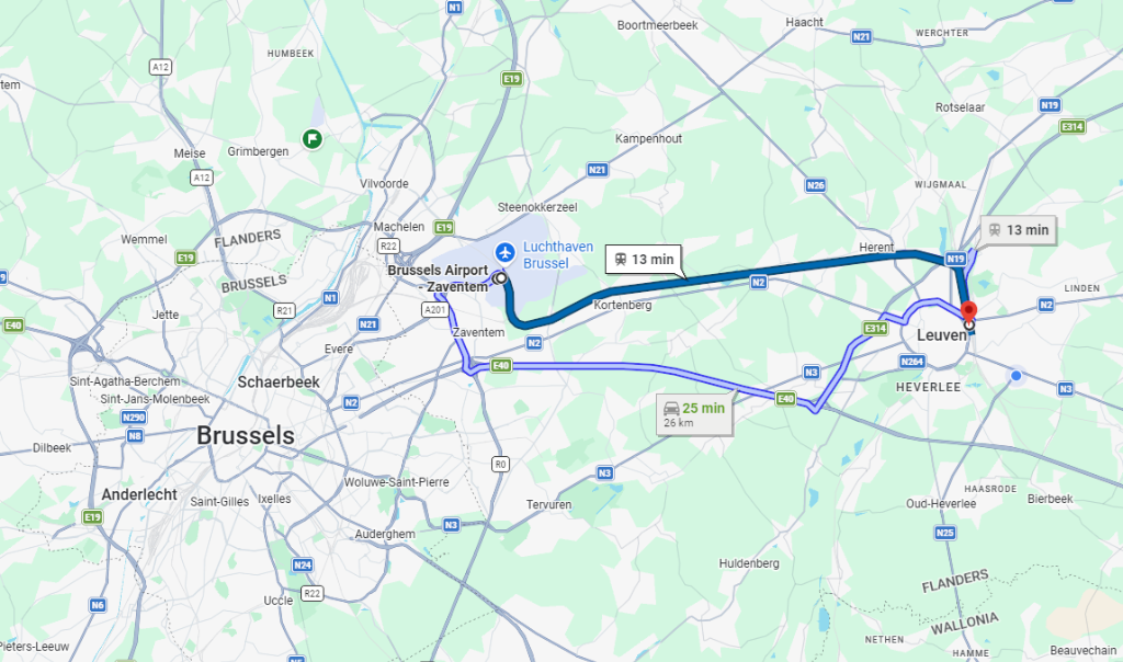 Map showing travel times to Leuven from Brussels Airport